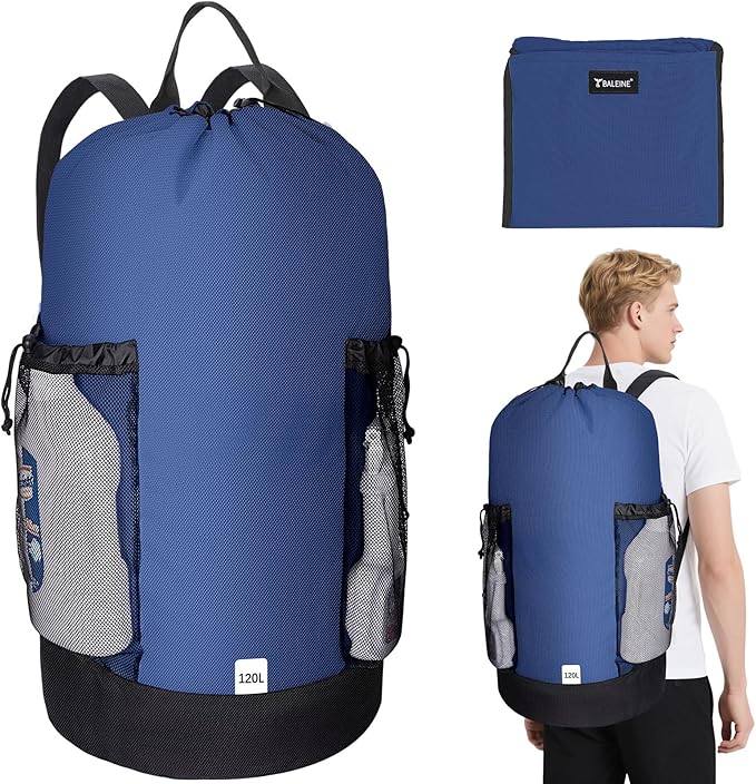 BALEINE 120L Laundry Bag Backpack, 900D Oxford Fabric Large Travel Laundry Bags with Shoulder Straps and 2 Mesh Pockets for College Dorm, Apartment, Laundromat (Navy, 120L)-CubbioJoy