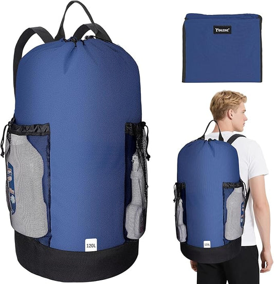 BALEINE 120L Laundry Bag Backpack, 900D Oxford Fabric Large Travel Laundry Bags with Shoulder Straps and 2 Mesh Pockets for College Dorm, Apartment, Laundromat (Navy, 120L)-CubbioJoy