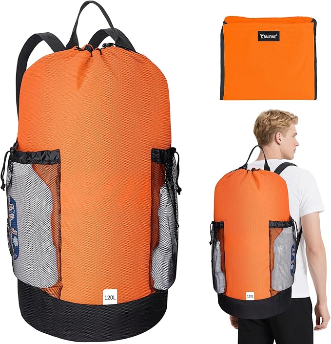 BALEINE 120L Laundry Bag Backpack, 900D Oxford Fabric Large Travel Laundry Bags with Shoulder Straps and 2 Mesh Pockets for College Dorm, Apartment, Laundromat (Orange, 120L)-CubbioJoy