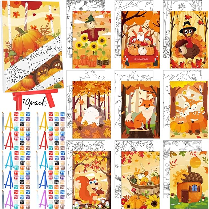 Blosssound 10 Set Pre Printed Canvas Pre Drawn Canvas Painting with Easel Kits 5" x 7" Outline Painting Panels for Beginners, DIY Craft Project, Party Favor, Home Decors(Autumn)-CubbioJoy