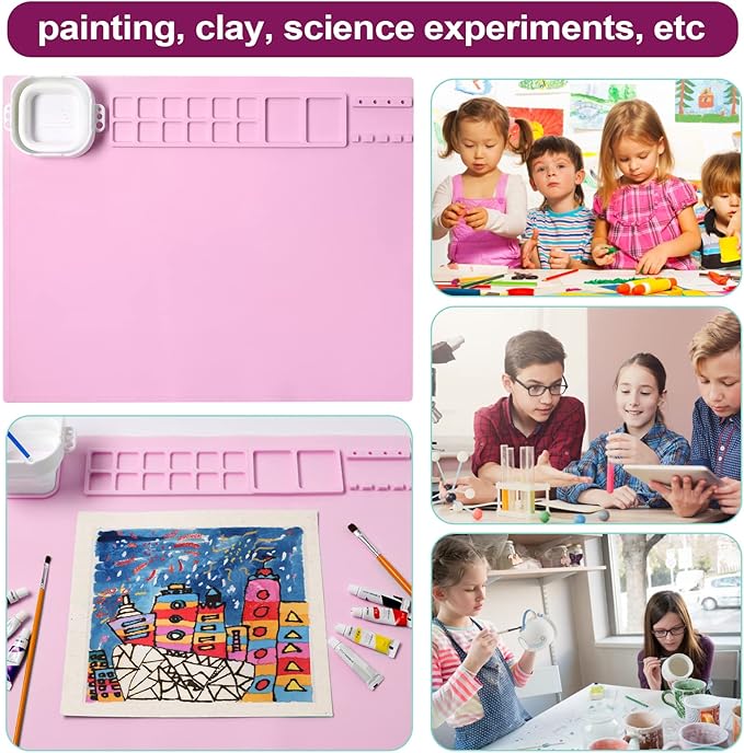 AWOKE Silicone Painting Mat for Table Protection - 20"X16" Washable Art Mat with 1 Water Cup for Kids - Craft Mat has 12 Color Dividers - 2 Paint Palettes (Pink), Toddler Activities, Girl Boy Gifts-CubbioJoy