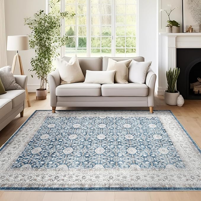 jinchan Floral Area Rugs 4x6 Machine Washable Vintage Distressed Boho Design Throw Rug Stain Resistant Carpet Low Pile Ultra-Thin Non-Slip for Bedroom Living Room Dining Room Kitchen(4‘x6',Drak Blue)-CubbioJoy