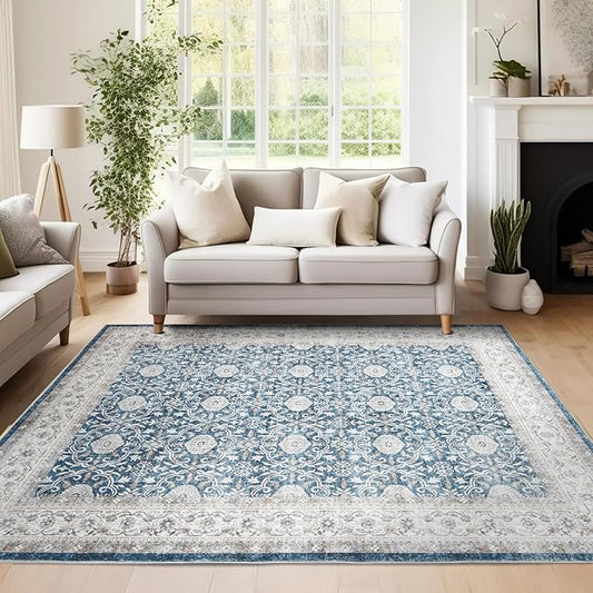 jinchan Floral Area Rugs 4x6 Machine Washable Vintage Distressed Boho Design Throw Rug Stain Resistant Carpet Low Pile Ultra-Thin Non-Slip for Bedroom Living Room Dining Room Kitchen(4‘x6',Drak Blue)-CubbioJoy