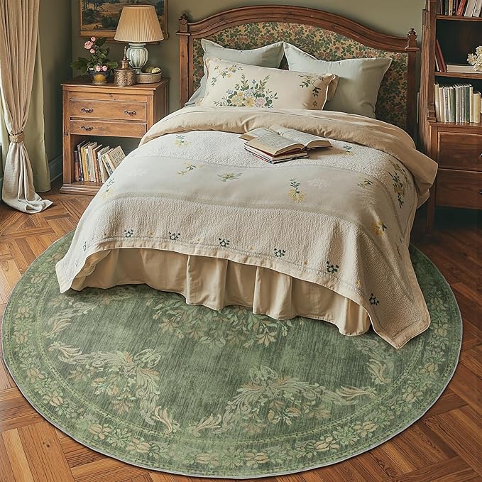 jinchan Round Rug 7ft Area Rugs,Vintage Floral Distressed Design Machine Washable Soft Non-Slip Low-Pile Ultra-Thin Circle Rug for Living Room Dining Room Bedroom Home Office (7' Round,Dark Green)-CubbioJoy