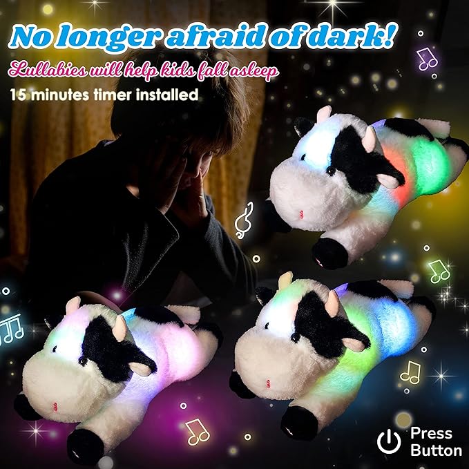 Cuteoy Glowing LED Cow Light-up Nightlight Toys Musical Plush Stuffed Animal Soft Singing Lullabies Birthday Christmas Plushies Gifts for Kids Boys Girls,15.5"-CubbioJoy