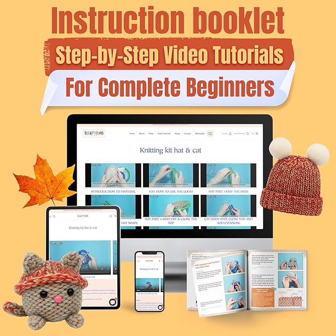 CRAFTILOO Knitting Kit for Kids – Beginner Knitting Kit to Make a Hat & Cat – Quick Knit Loom Kit with Yarn, Tools & Instructions – Knitting for Beginners Kit for Girls & Boys Ages 8+-CubbioJoy