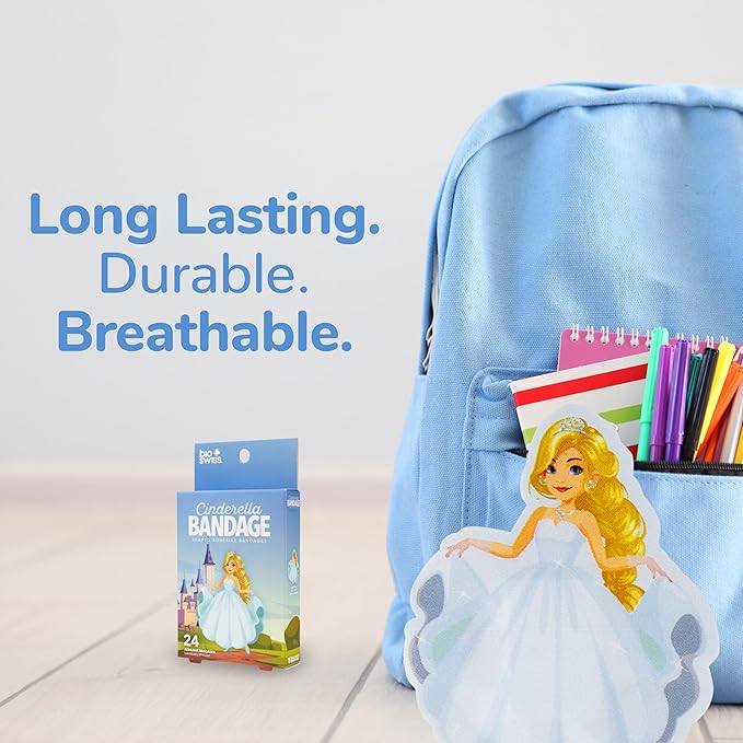 BioSwiss Bandages, Princess Cinderella Shaped Self Adhesive Bandage, Latex Free Sterile Wound Care, Fun First Aid Kit Supplies for Kids and Adults, 24 Count-CubbioJoy