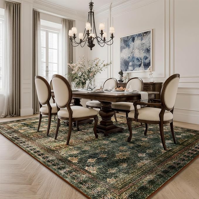 6x9 Washable Area Rug Non Slip, Thin Vintage Floral Living Room Rug Low Pile, Indoor Large Distressed Print Carpet for Bedroom, Dining Room, Farmhouse, Home Office, Dorm(Dark Green/Brown/Multi)-CubbioJoy