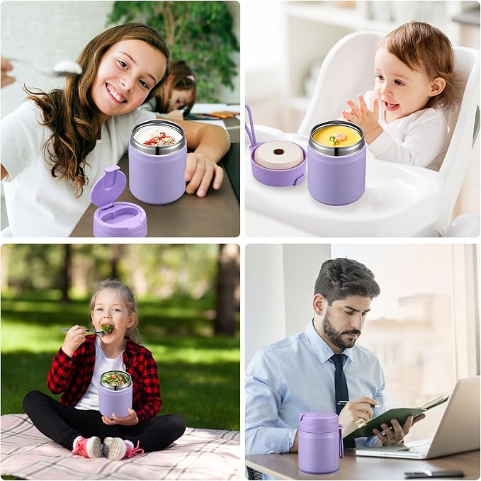 17oz Soup Thermo for Hot Food Kids,Insulated Food Jar with Spoon,Thermo Hot Food Lunch Container,Wide Mouth Leakproof Stainless Steel Lunch Box for School-Purple-CubbioJoy