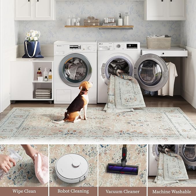 jinchan Washable Area Rug 5x7 Ultra-Thin Low Pile Non Slip Stain Resistant Soft Faux Wool Spring Floral Distressed Vintage Carpet for Bedroom,Living Room,Dining Room,Kitchen,Nursery(Pink, 5' x 7')-CubbioJoy