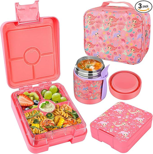 Bento Lunch Box Set With 10oz Soup Thermo, Leak-proof Lunch Containers with 4 Compartment, Kids Hot Thermo Food Jar/Insulation Lunch Bag, Food Containers for School（Mermaid）-CubbioJoy