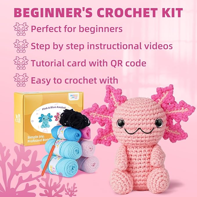 Crochet Kit for Beginners, Crochet Animal Kits,Crocheting Kit for Starters with Step-by-Step Video Tutorials, Beginner Crochet Kits for Adults (2Pack Axolotl)-CubbioJoy