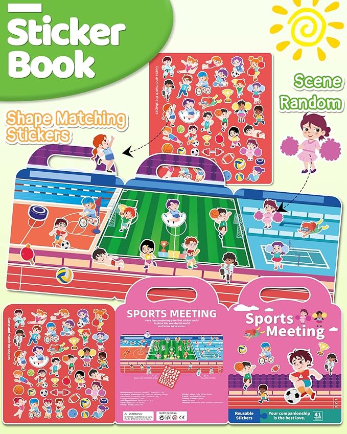Benresive Reusable Sticker Book for Toddlers 2-4 Years, Fun Travel Stickers for Kids, Waterproof Sticker Books for Toddlers 1-3, Crafts Activities for Todddlers 1-3 2-4 3-5 - Sports-CubbioJoy