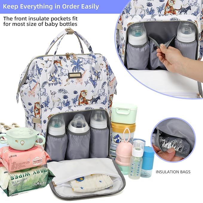 Diaper Bag Backpack, Diaper Bags for Baby Girls Boys, Baby Bags for Moms Dads, Nappy Changing Bag with Insulated Pockets,Multi-functional Waterproof Backpack with Stroller straps-Animal World White-CubbioJoy