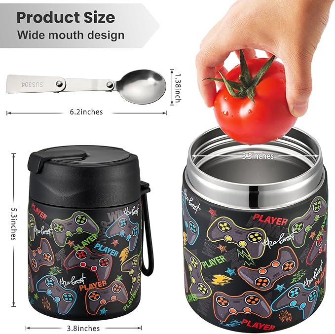 17oz Soup Thermo for Hot Food Kids,Insulated Food Jar with Spoon,Thermo Hot Food Lunch Container,Wide Mouth Leakproof Stainless Steel Lunch Box for School-Black Game-CubbioJoy