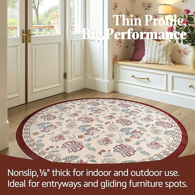 jinchan 5ft Floral Round Rug for Entryway Washable Kitchen Rug Vintage Romance Design Non Slip Indoor Doormat Lightweight Low-Profile Throw Carpet for Living Room Dining Room Bedroom, Red/Beige-CubbioJoy