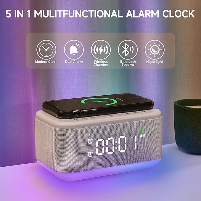 Alarm Clock Speaker Wireless Charger, Digital Alarm Clocks Bedrooms Bluetooth, Alarm Clock Dimmable Light Bedrooms Dual Alarm Snooze Dimmer 12 24H RGB Night Light Bluetooth USB AUX, White-CubbioJoy