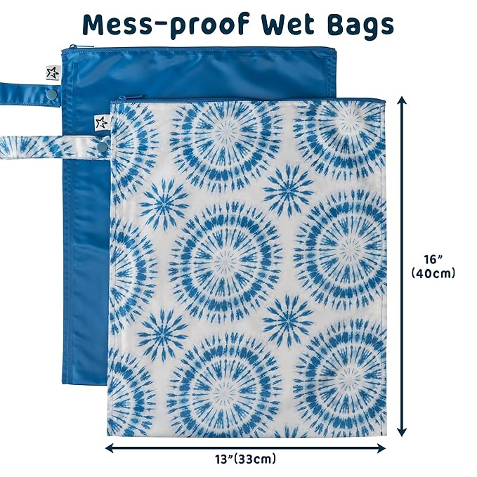 Tiny Twinkle Mess-Proof Waterproof Wet Dry Bag | 2-Pack Reusable Wet Bags for Swimsuits & Baby Clothes | Leakproof Wet Bag for Travel & Diaper Changes for Baby (Blue Tie Dye)-CubbioJoy