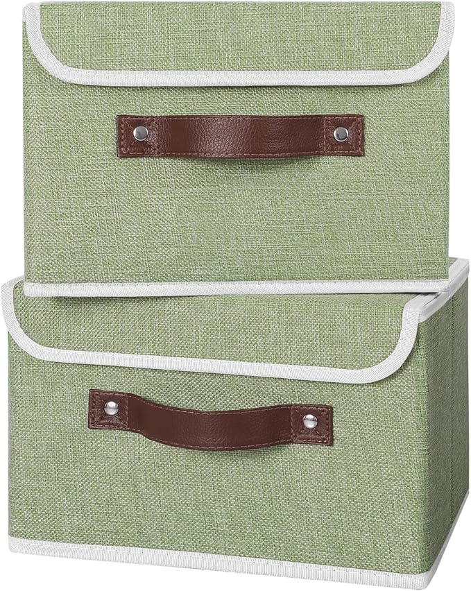 ANMINY 4PCS Storage Bins with Lid PU Leather Handles Storage Boxes PP Plastic Board Decorative Foldable Lidded Cotton Linen Fabric Home Cubes Baskets Closet Organizer Containers - Green, Small Size-CubbioJoy