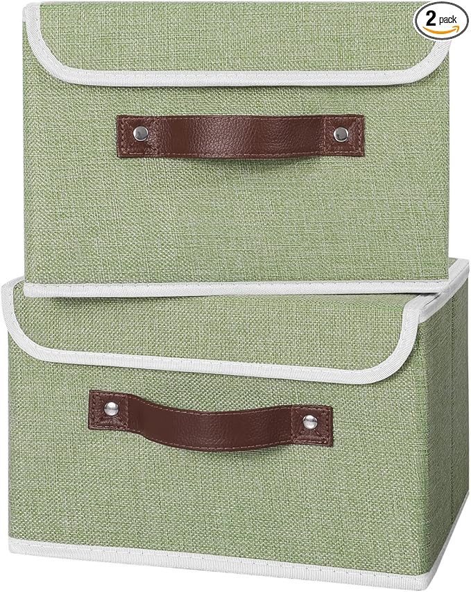 ANMINY 2PCS Storage Bins with Lid PU Leather Handles Storage Boxes PP Plastic Board Decorative Foldable Lidded Cotton Linen Fabric Home Cubes Baskets Closet Organizer Containers - Green, Small Size-CubbioJoy