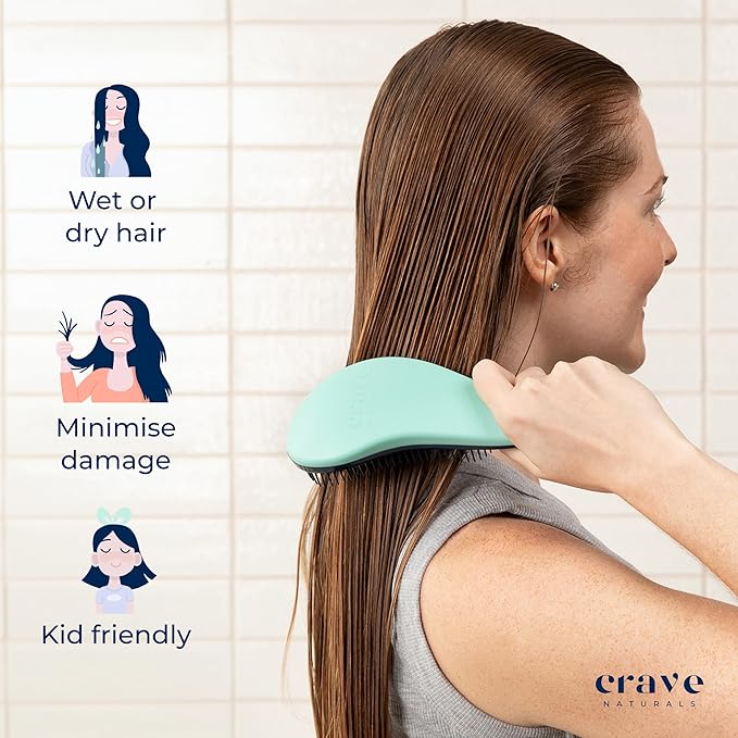 Crave Naturals Biggie Glide Thru Hair Brush - Detangler Brush for Curly, Straight, Wet or Dry Hair - Gentle Detangling Brushes for Adults, Kids, Toddlers - Hair Accessories for Women, 8.4"x3.4" - Mint-CubbioJoy