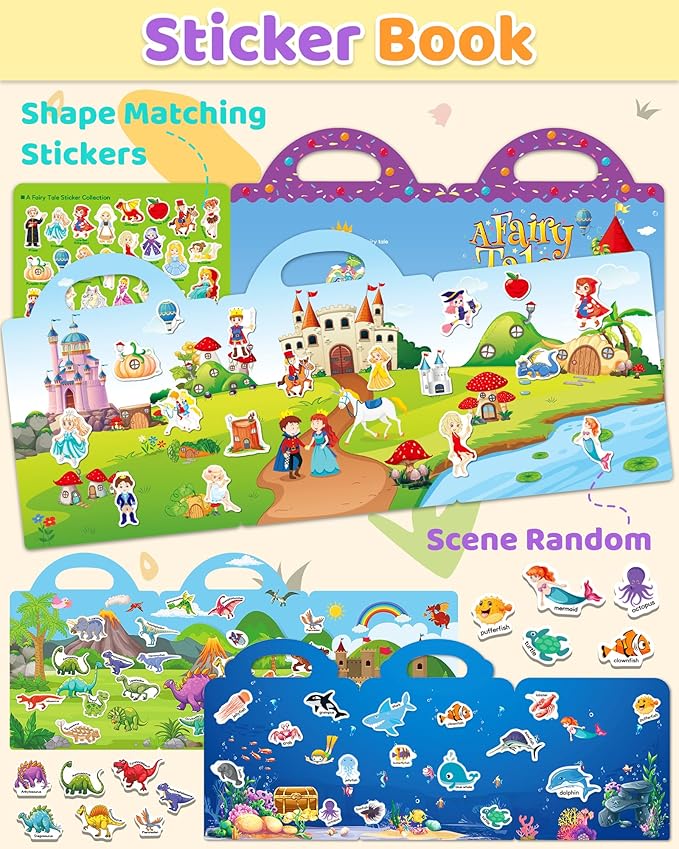 Benresive Reusable Sticker Books for Kids 2-4, Sticker Books for Toddlers 1-3 2-4, Toddler Travel Toys Activities Crafts Gifts - Ocean, Fairy and Dinosaur-CubbioJoy