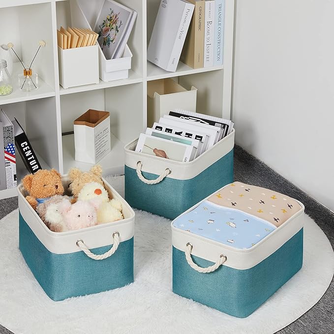 Bidtakay Basket Storage Bins with Handles Fabric Large Storage Baskets for Organizing Set of 3 Collapsible Rectangular Basket for Shelves Closet Organizer 15 X 11 X 9.5 Inches(White&Teal Blue)-CubbioJoy