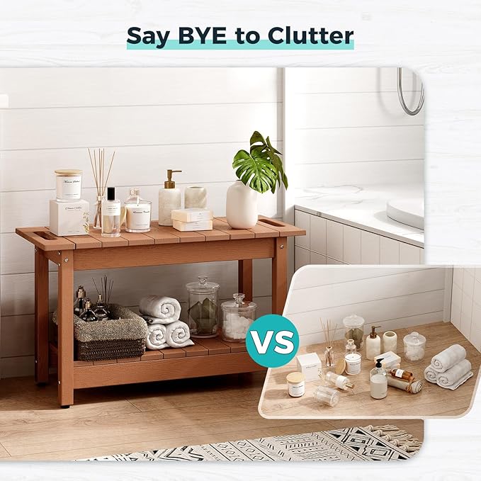 30" Shower Bench, Waterproof Poly Lumber Shower Stool for Shaving Legs, Shower Chair Seat Holds up to 400lbs, Bathroom Bench for Inside Shower, Non-Slip (Brown)-CubbioJoy