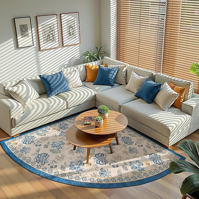 jinchan Floral Corner Rug for Kitchen Washable Nursery Rug Vintage Romance Design Non Slip Quarter Circle Lightweight Low-Pile Throw Carpet for Playroom Reading Nook Office, 5ft Radius, Blue/Beige-CubbioJoy