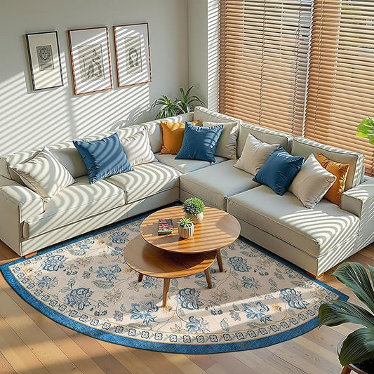 jinchan Floral Corner Rug for Kitchen Washable Nursery Rug Vintage Romance Design Non Slip Quarter Circle Lightweight Low-Pile Throw Carpet for Playroom Reading Nook Office, 5ft Radius, Blue/Beige-CubbioJoy