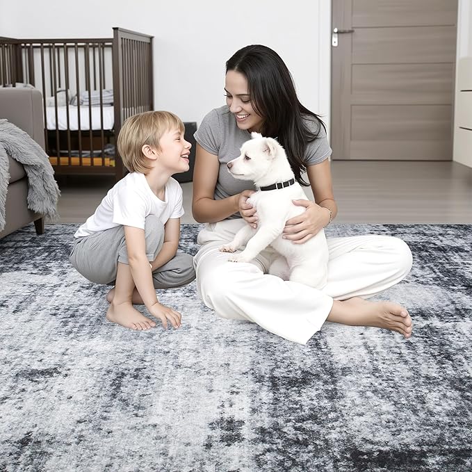 9x12 Area Rug Living Room Rug: Washable Modern Abstract Soft Thin Rug Indoor Floor No Slip Stain Resistant Carpet for Bedroom Dining Room Farmhouse Nursery Home Office - Dark Black-CubbioJoy