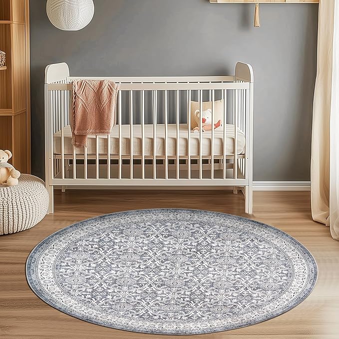 jinchan Round Rug 4ft Washable Circle Soft Rug - Low Pile Vintage 4'Round Indoor Grey Floral Print Stain Resistant Boho Carpet Ultra-Thin Non-Slip for Entryway Nursery Bedroom Dining Room Kitchen-CubbioJoy