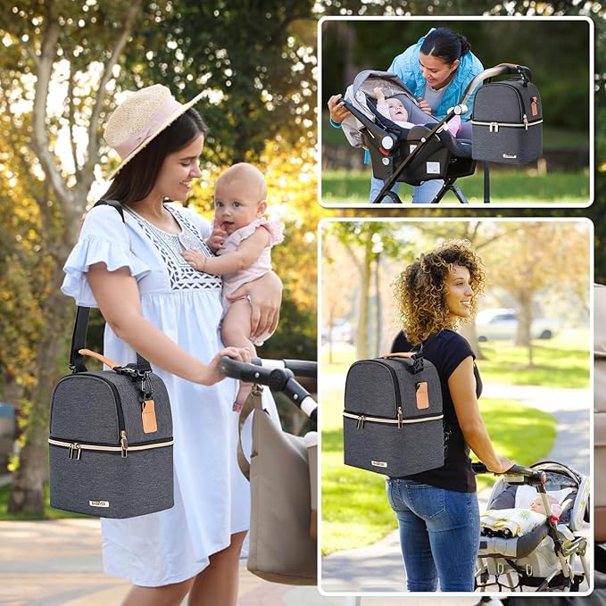 Breastmilk Cooler Bag with Ice Pack Fits 6 Baby Bottles up to 9 Ounce, Breastmilk Pump Cooler Bag with Shoulder Strap for Nursing Mom Daycare, Work, Travel- Grey-CubbioJoy