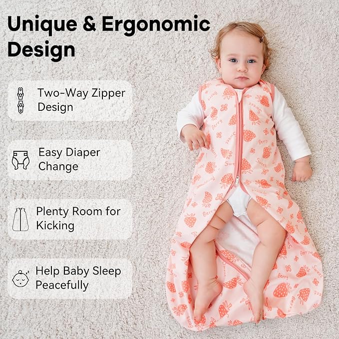 Baby Sleep Sack 12-18 Months 0.5 Tog Wearable Blanket Baby, 3 Pack 100% Cotton Lightweight Sleeping Sack with 2-Way Zipper for Infant Toddler Strawberry-CubbioJoy