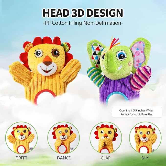 Jollybaby Hand Puppets Baby Toy 0-6-12 Months, Plush Stuffed Animal Hand Puppets Toys for Kids，Sensory Doll with Rattle and Mirror for Toddler，Social Emotional Play Therapy Toys for Boy Girl Gift-CubbioJoy