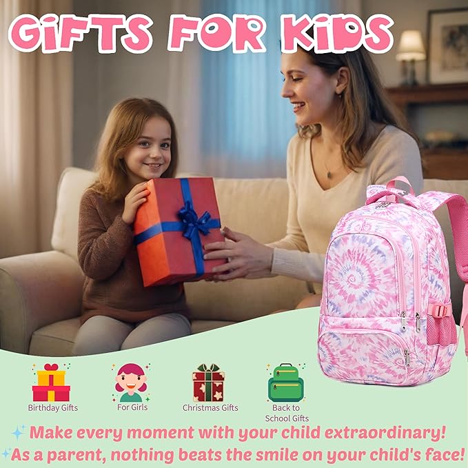 BLUEFAIRY Kids Backpack for Girls Elementary Primary Middle School Bags for Aged 8-10 for Teens Childs Bookbags Back to School Book Bags Gifts Mochilas para Niñas de 6 7 8 9 10 Años Tie-dye Pink-CubbioJoy