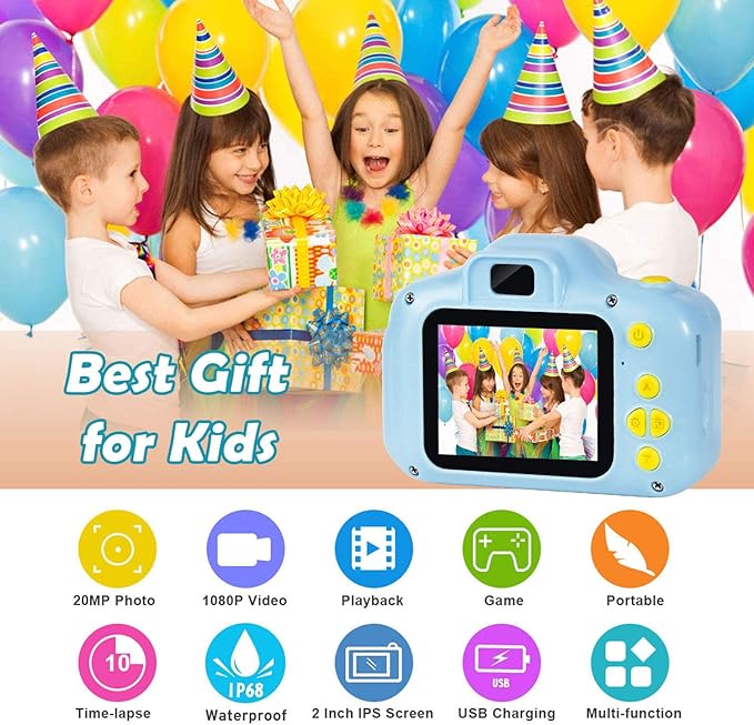 Agoigo Kids Waterproof Camera - Children Underwater HD Video Digital Camcorder, Portable Travel Toy for Toddler - Ideal Christmas Birthday Gifts for Boys Girls Age 3-12 with 32GB Card (Blue)-CubbioJoy