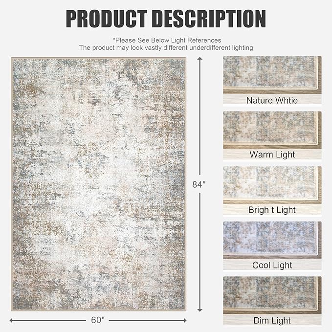 5x7 Area Rug Living Room Rug: Washable Modern Abstract Soft Thin Rug Indoor Floor No Slip Stain Resistant Carpet for Bedroom Dining Room Farmhouse Nursery Home Office - Brown Grey-CubbioJoy