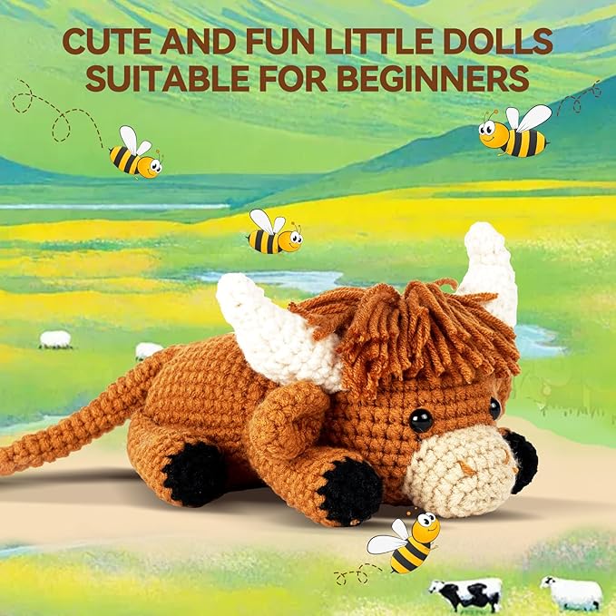 Crochet Kit for Beginners, Learn to Crochet, Include Easy Knitting Soft Yarn, Step-by-Step Video Tutorial, Hook, Holiday Birthday Gift for Adults and Kids(Highland Cow)-CubbioJoy