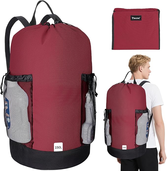 BALEINE 150L Laundry Bag Backpack, 900D Oxford Fabric Large Travel Laundry Bags with Shoulder Straps and 2 Mesh Pockets for College Dorm, Apartment, Laundromat (Red, 150L) ﻿-CubbioJoy