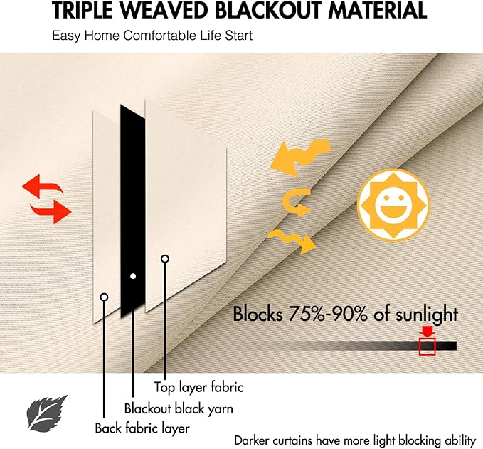 ANRODUO Back Tab Blackout Curtains for Bedroom Living Room, Rod Pocket Pinch Pleated Thermal Insulated Room Darkening Curtains 102 Inches Long 2 Panels, Cream Beige, 52 x 102 Inch-CubbioJoy