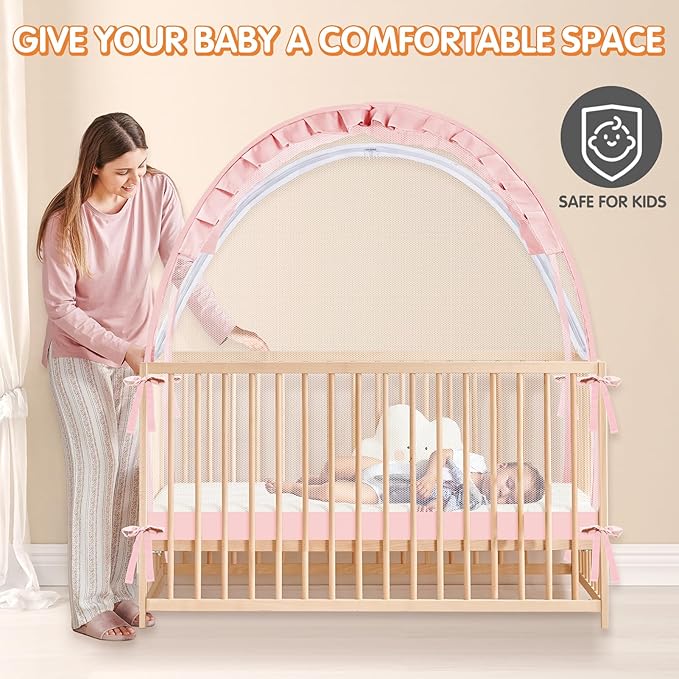 Crib Tent to Keep Baby from Climbing Out - Crib Net to Keep Baby in - Pop Up Breathable Cribs Cover - Canopy with Upgrade Strong Mesh and Durable Zipper (Pink, Lager)-CubbioJoy
