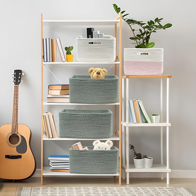 COMFY-HOMI Cotton Rope Woven Basket with Handles for Shelves,Toys,Book, Cloth Storage Baskets for Organizing-17" x 13" x 7.5" Toy Decorative Organizer for Living Room, Bathroom （Green）-CubbioJoy