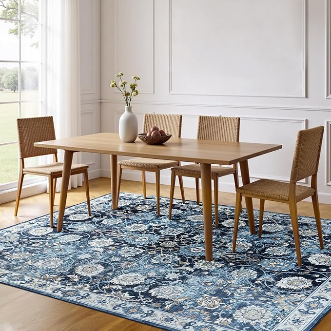 6x9 Area Rug for Living Room & Bedroom, Washable Non-Slip Vintage Rugs, Floral Soft Carpet, Low Pile Wool Carpets for Indoor Dining Home Office Playroom Under Table, Modern Decor, Blue Garden-CubbioJoy