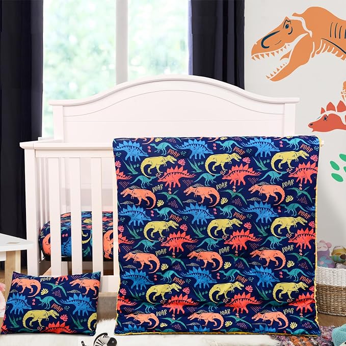 Cloele Crib Bedding Set for Boys,3 Piece Dinosaur Crib Bedding Set,Include Soft Baby Comforter,Breathable Fitted Sheet & Pillowcase,Navy Blue Nursery Baby Bedding for Boys-CubbioJoy