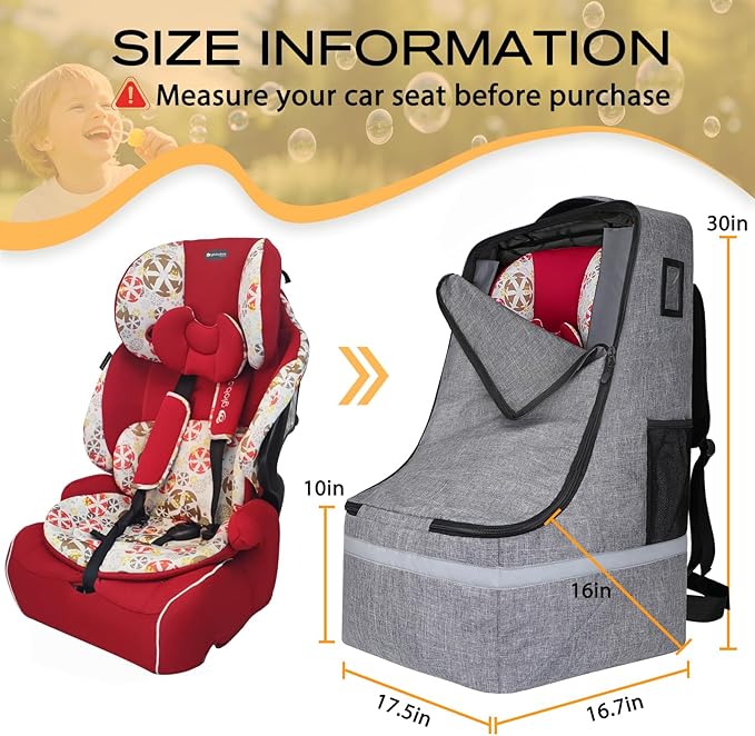 Car Seat Travel Bag for Airplane,Infant Seat Travel Bag with Shoulder Strap,Padded Car Seats Backpack with Reflective Stripes,Large Carseat Carrier Bag Travel Car Seat Cover,Grey-CubbioJoy