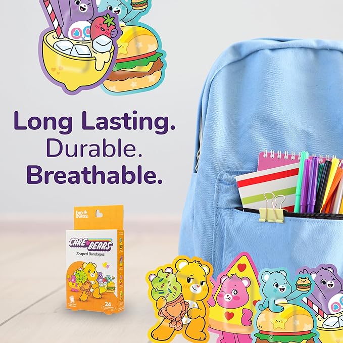 BioSwiss Care Bears Bandages, Sweet and Sour Care Bear Shaped Self Adhesive Bandage, Latex Free Sterile Wound Care, Fun First Aid Kit Supplies for Kids, 24 Count-CubbioJoy