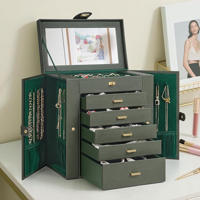 AKOZLIN Huge Jewelry Box Organizer Functional Large Leather Jewelry Storage Case for Women Girls Ring Necklace Earring Bracelet Holder Organizer with Mirror-CubbioJoy