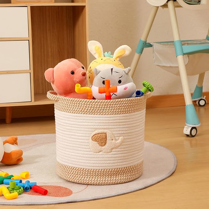 INough Toy Storage Baskets Woven Cotton Rope Storage Basket for Kids, Blanket Baskets for Living Room Toy Basket Box Toys Organizer with Embroidery Decor Cute Baskets for Nursery, Playroom (Elephant)-CubbioJoy