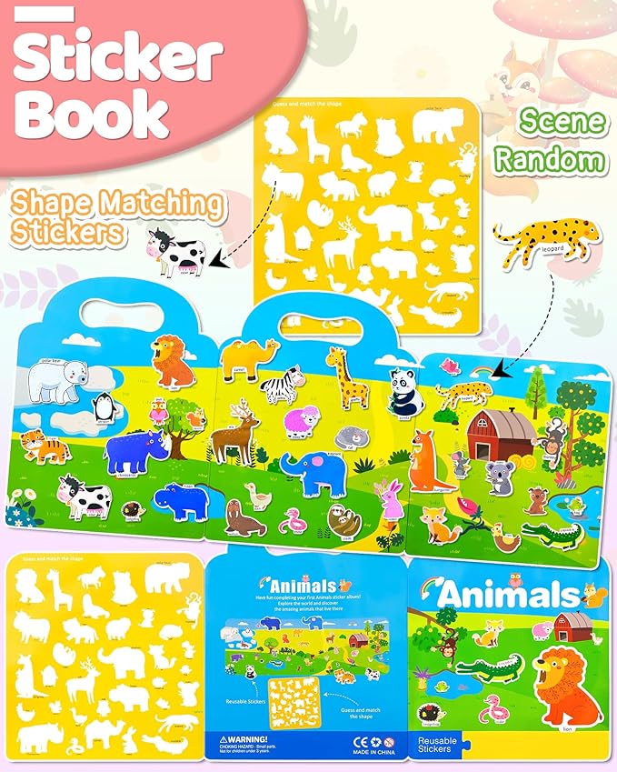 Benresive Reusable Sticker Books for Kids 2-4, Sticker Books for Toddlers 1-3 2-4, Toddler Travel Toys Activities Crafts Gifts - Animal-CubbioJoy